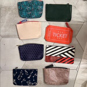 Ipsy Assorted Pouch Lot - Tropical Teal, Forest Green, Coral Ticket & More - 8